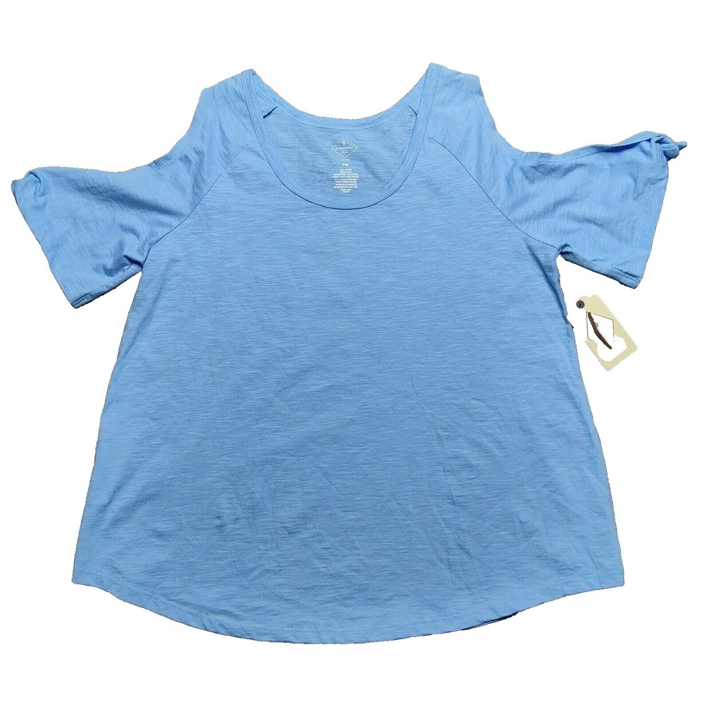 St Johns Bay Women Petite Medium‎ PM Zenith Blue Open Shoulder Top NEW